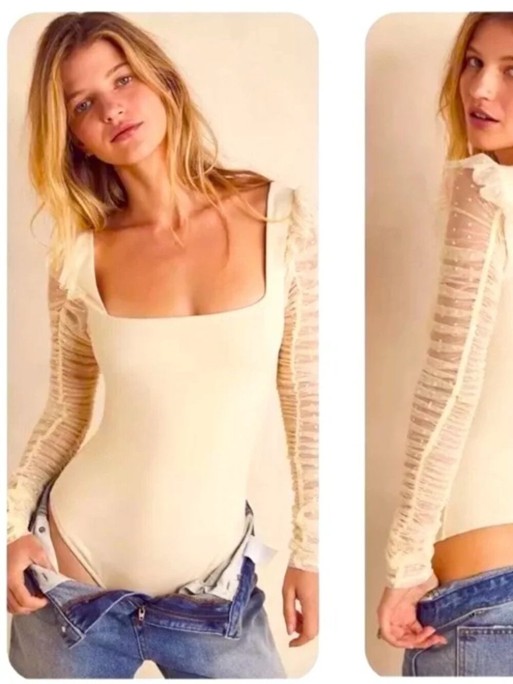 Free People Must Be Love Bodysuit Mesh Ruched Sleeve Square Neck in Ivory XL